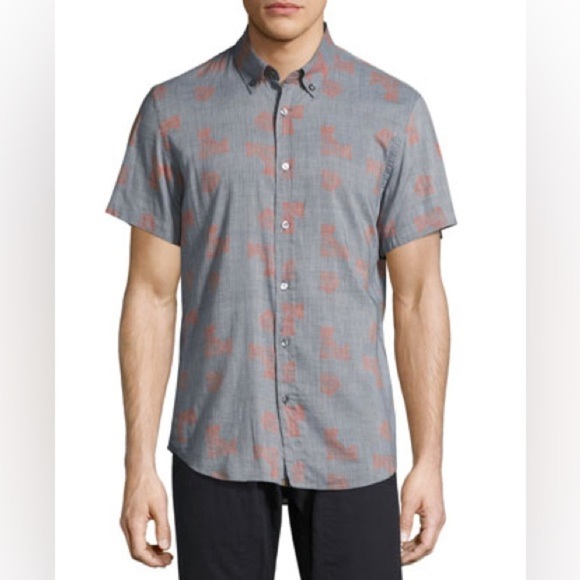 Billy Reid Chambray and Red Murphy Geo-Print Short Sleeve Sport Shirt - Picture 1 of 10